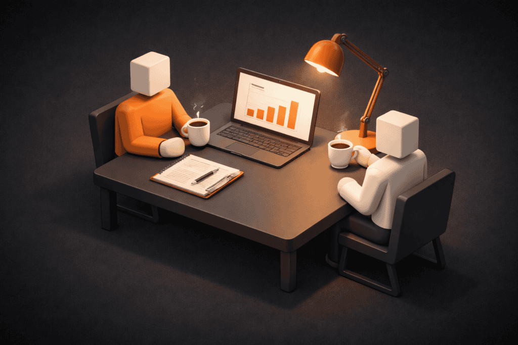 Zwei Figuren bei einem Meeting mit Laptop und Diagramm.